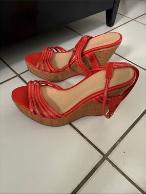 J. Crew Red Strappy Cork Wedge Sandals